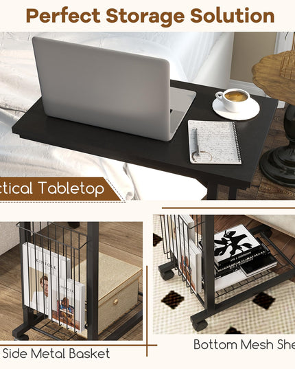 Giantex C Shaped End Table with Wheels, Height Adjustable Mobile Couch Snack Side Table with Storage Shelf