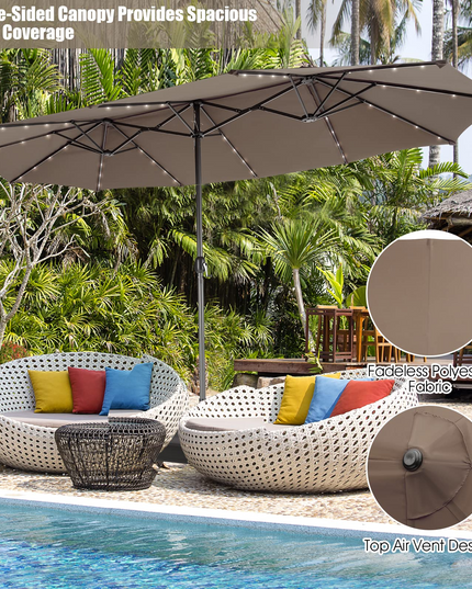 15ft Large Outdoor Umbrella Double-Sided, 48 Solar Lights, Auto-Charging Solar Panel