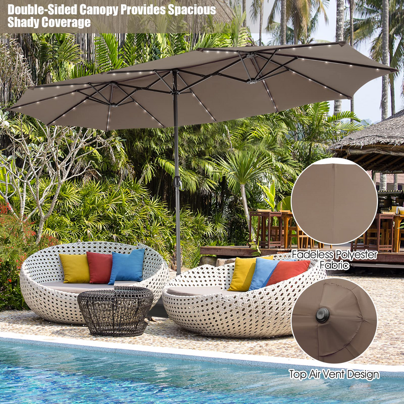 15ft Large Outdoor Umbrella Double-Sided, 48 Solar Lights, Auto-Charging Solar Panel