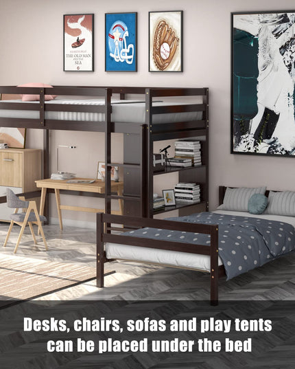Giantex Twin Over Twin Loft Bed w/ Bookcase, Bunk Bed w/ 12.5" Full-Length Guardrail & Ladder
