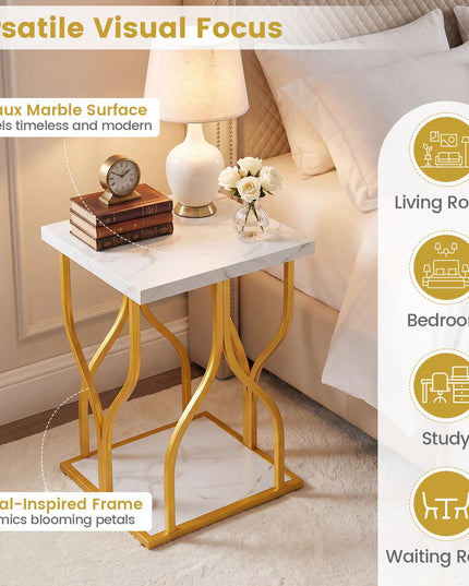 Giantex 2-Tier End Table with Storage Shelf & Gold Petal-Inspired Geometric Metal Frame