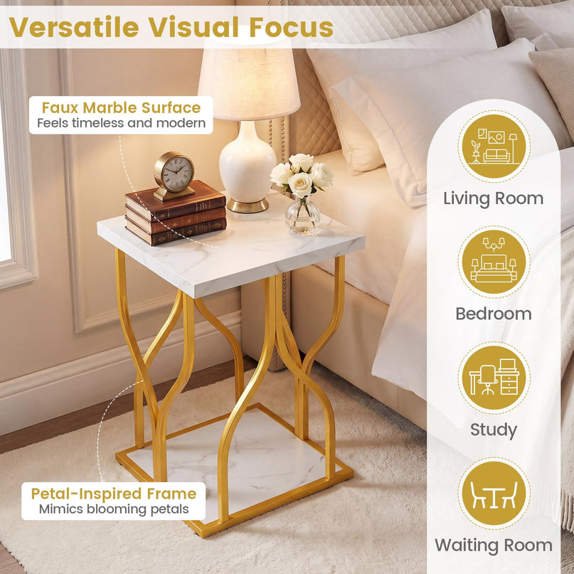Giantex 2-Tier End Table with Storage Shelf & Gold Petal-Inspired Geometric Metal Frame