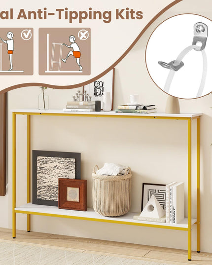 Giantex Gold Console Table with Shelf, 44" Narrow Entryway Table w/Dual Anti-Tipping Kits & Golden Metal Frame