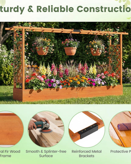 Giantex 45”Fir Wood Raised Garden Bed with Trellis & Hanging Roof