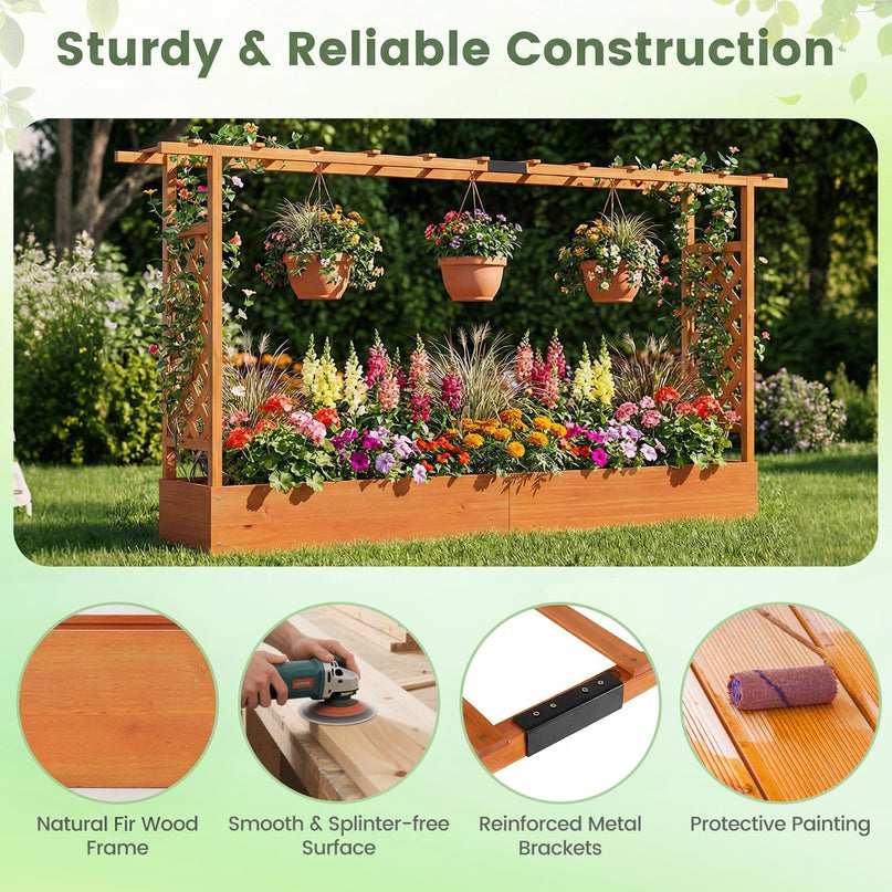 Giantex 45”Fir Wood Raised Garden Bed with Trellis & Hanging Roof