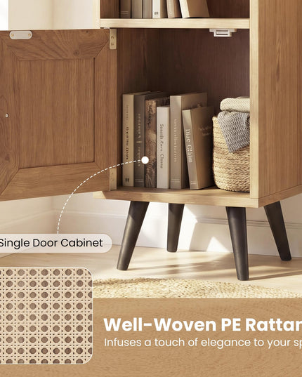 Giantex Bibliothèque Haute et Étroite à 6 Niveaux | Meuble de Rangement Mince de 137 cm avec Étagère Réglable et Porte en Rotin Style Bohème