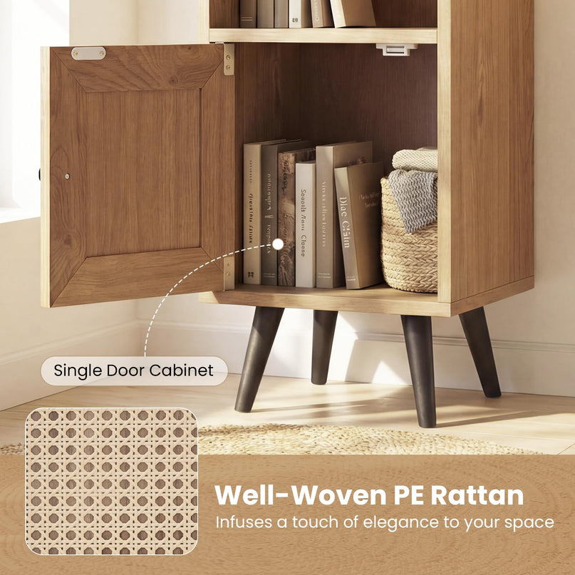 Giantex Bibliothèque Haute et Étroite à 6 Niveaux | Meuble de Rangement Mince de 137 cm avec Étagère Réglable et Porte en Rotin Style Bohème