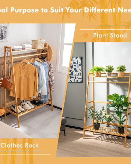 Giantex 3 Tier Bamboo Clothing Rack with Shelves, Heavy Duty Freestanding Clothes Organizer Rack with Coat Hooks