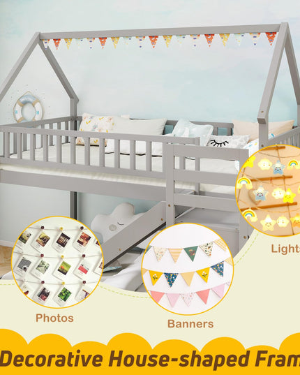 Giantex House Bunk Bed Twin Over Twin with Slide & Stairs for Kids Teens