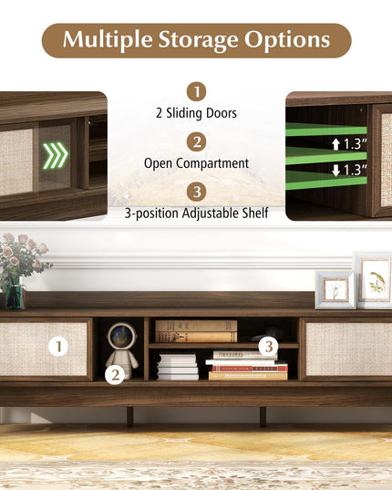 Giantex TV Stand for 65” TV, Entertainment Center with Woven Doors, Sliding Door, Adjustable Shelf & Compartment