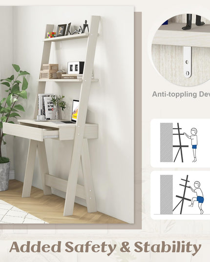 Giantex 3 Tier Ladder Desk with Drawer, 33’’ Width Ladder Shelf with Anti-tipping Device, Freestanding Bookshelf