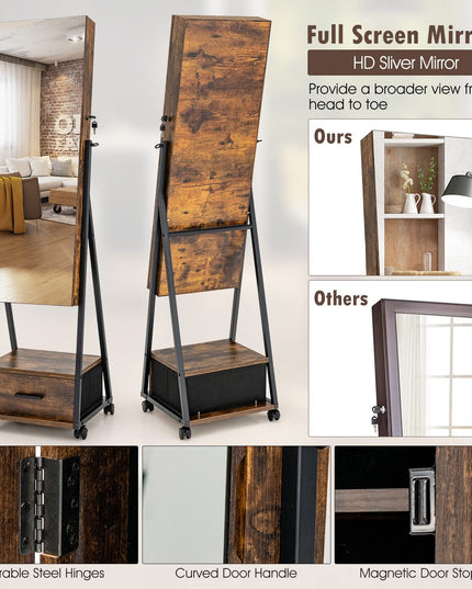 CHARMAID Rolling Jewelry Cabinet with Full Length Mirror, Lockable Standing Jewelry Armoire with Wheels