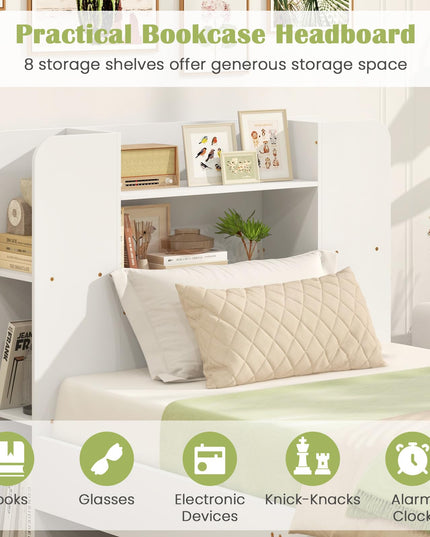 Giantex Twin Bed Frames for Kids, Wooden Twin Size Bed with Storage Bookcase Headboard