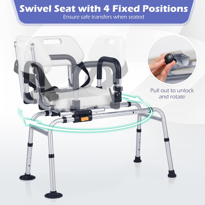 Chaise de Douche Coulissante Giantex avec Siège Pivotant, Accoudoirs Rembourrés Relevables et Ceinture de Sécurité pour Personnes Âgées