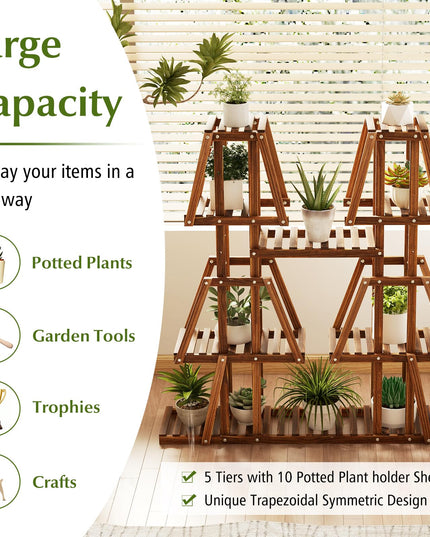 Giantex Wood Plant Stand, 5-Tier 10 Potted Trapezoid Plant Holder Rack for Multiple Plants