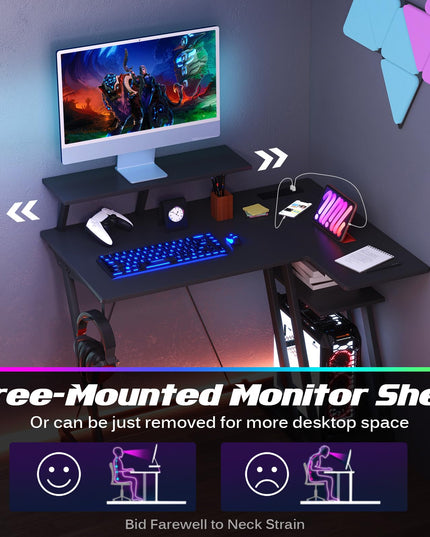 Bureau de jeu en forme de L Giantex avec prises et ports USB, petit bureau d'ordinateur avec étagère pour moniteur
