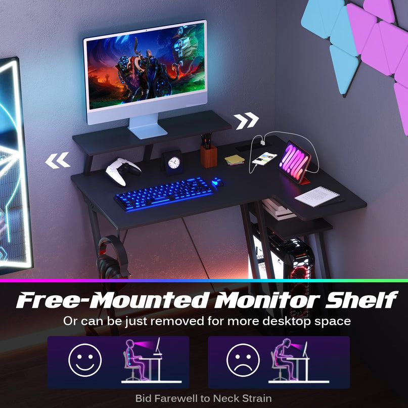 Bureau de jeu en forme de L Giantex avec prises et ports USB, petit bureau d'ordinateur avec étagère pour moniteur