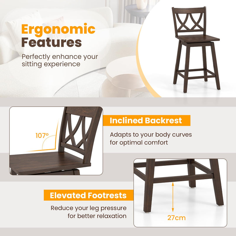 Giantex 24" Bar Stools Set of 2/4, Swivel Wooden Bar Chairs with Rubber Wood Frame, Dark Grey