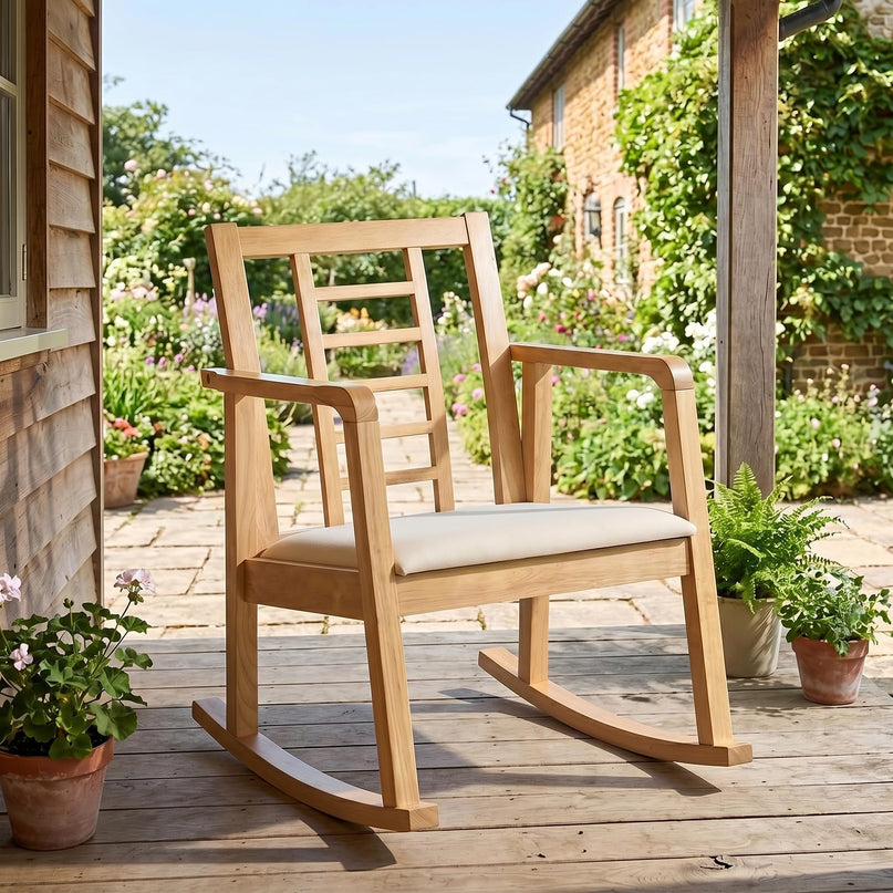 Giantex Solid Rubber Wooden Rocking Chair with Fabric Upholstered Seat (1/2)
