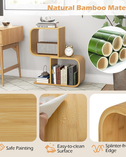 Giantex S-Shaped Bookcase, 2-Tier Bamboo Bookshelf with 2 Open Cubes, Geometric Corner Display Shelf