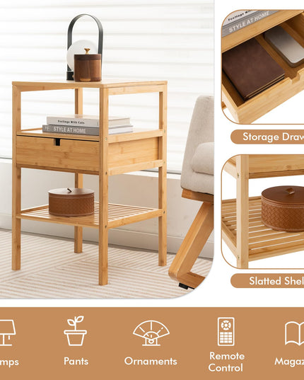 Giantex Nightstand Set of 1/2, Bamboo End Table with Drawer and 2 Open Shelves