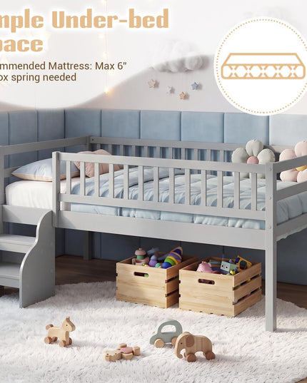Giantex Low Profile Twin Size Platform Bed Frame with Stairs & Safety Guardrails