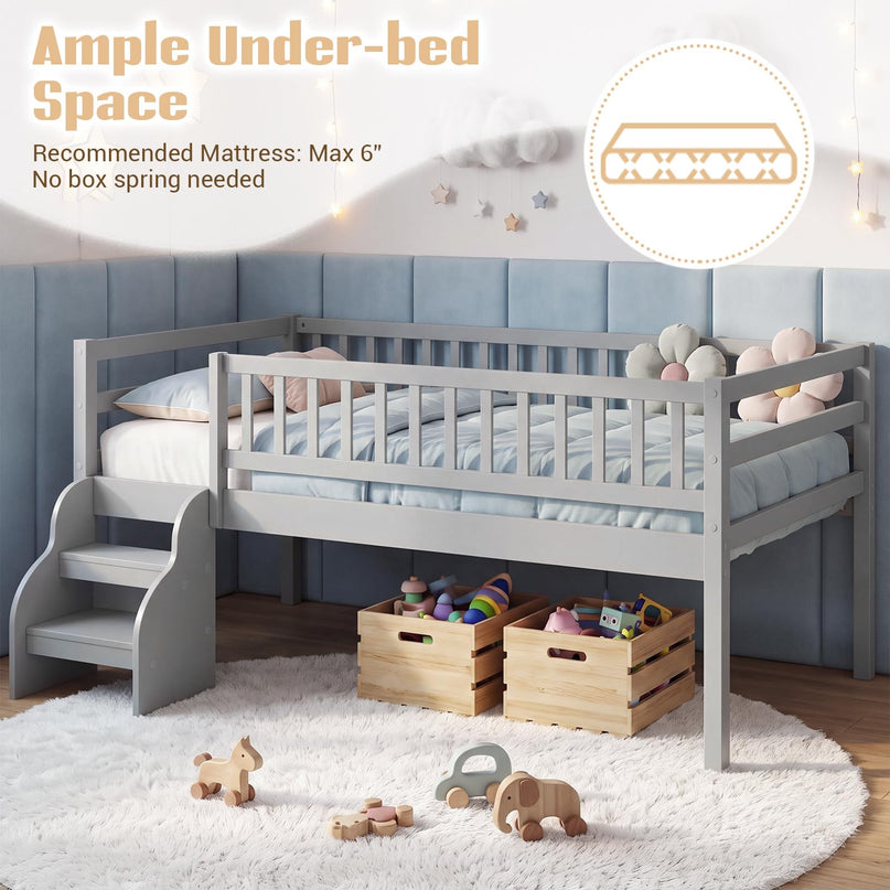 Giantex Low Profile Twin Size Platform Bed Frame with Stairs & Safety Guardrails