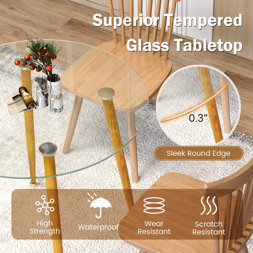Giantex Round Glass Dining Table, Kitchen Dinner Table with Tempered Glass Tabletop & Metal Legs
