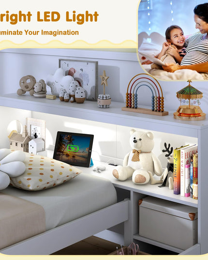 Giantex Wood Twin Bed Frame with Storage Drawer & Headboard, Modern Platform Bed with Charging Station & LED Light