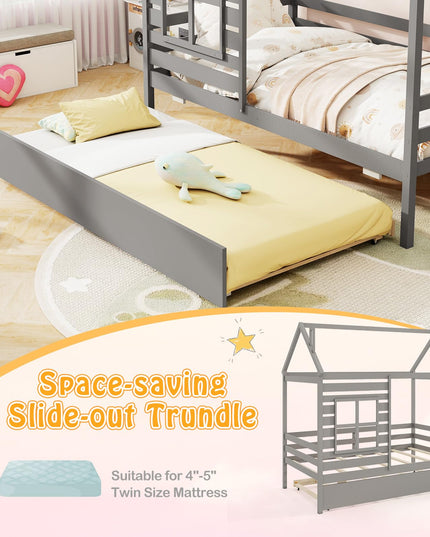 Giantex Twin House Bed with Trundle Bed Twin, Wooden Twin Bed Frames with Roof, Chimney & Window