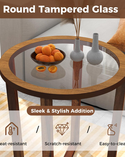 Giantex Glass Round End Table, Sofa Side Table with Transparent Tempered Glass Top