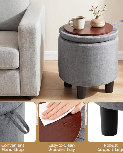 Giantex Round Ottoman with Storage Linen Fabric Upholstered