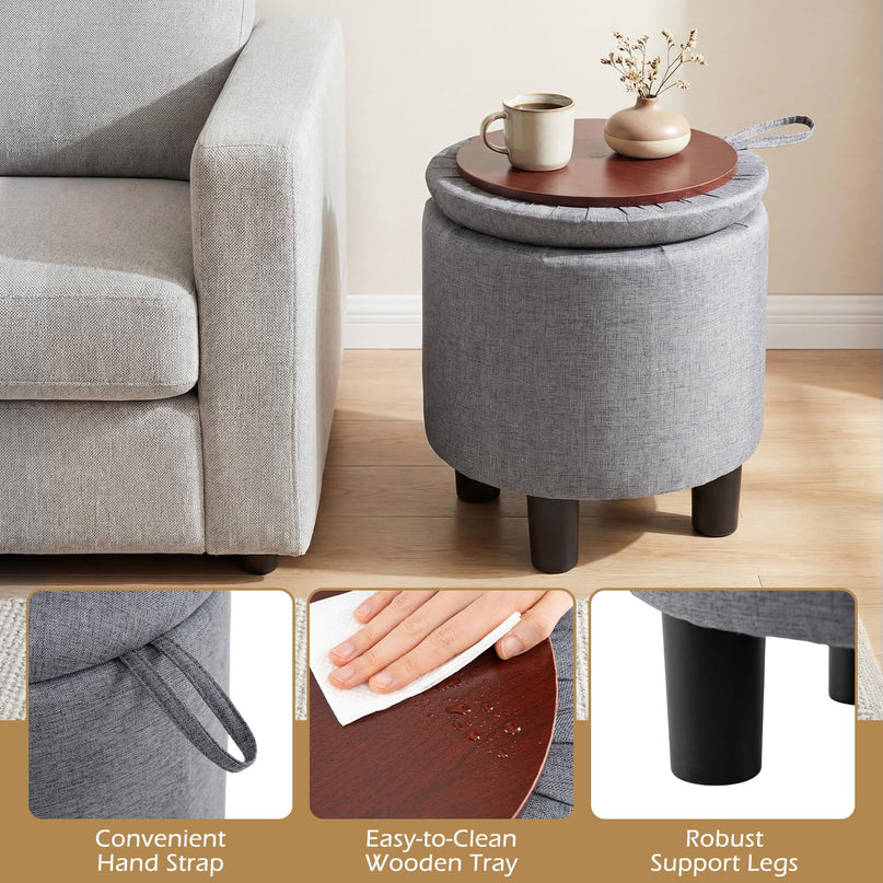 Giantex Round Ottoman with Storage Linen Fabric Upholstered