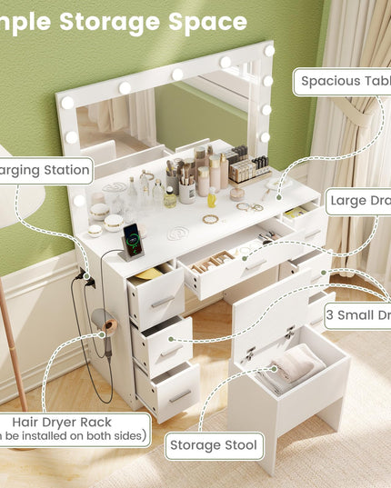 Vanity Desk with Large Mirror and Lights for Bedroom