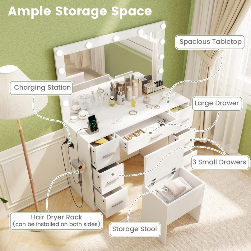 Vanity Desk with Large Mirror and Lights for Bedroom