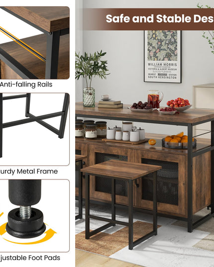 Giantex Dining Table Set for 4, Kitchen Island with Seating Bench & Stools, Storage Cabinet, 3-Position Adjustable Shelves