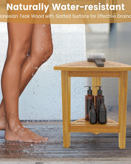 Giantex Corner Shower Bench - Teak Wood Shower Stool with Storage Shelf