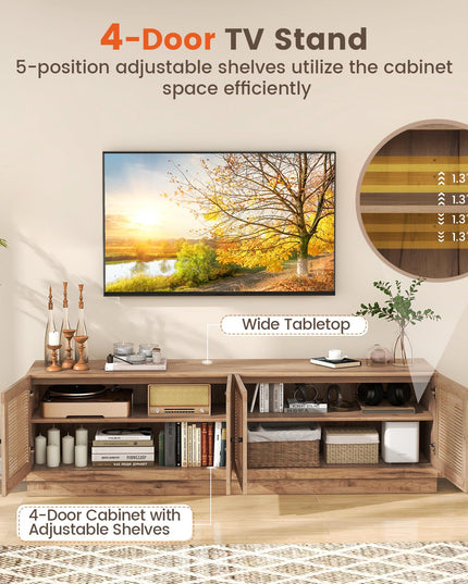 Giantex Farmhouse TV Stand for TVs up to 75”, 4-Door PE Rattan Entertainment Center