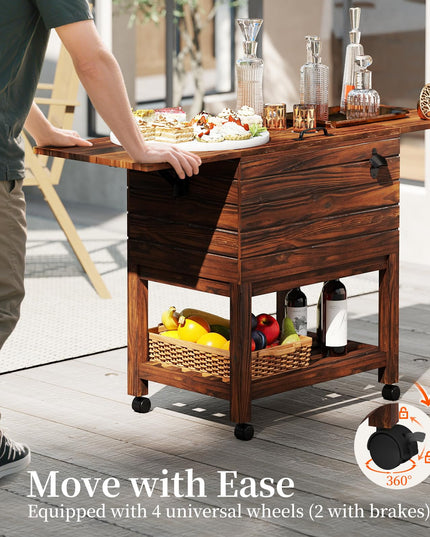 Giantex 54QT Wooden Patio Cooler Cart with Wheels Insulated Rolling Ice Chest with Drain