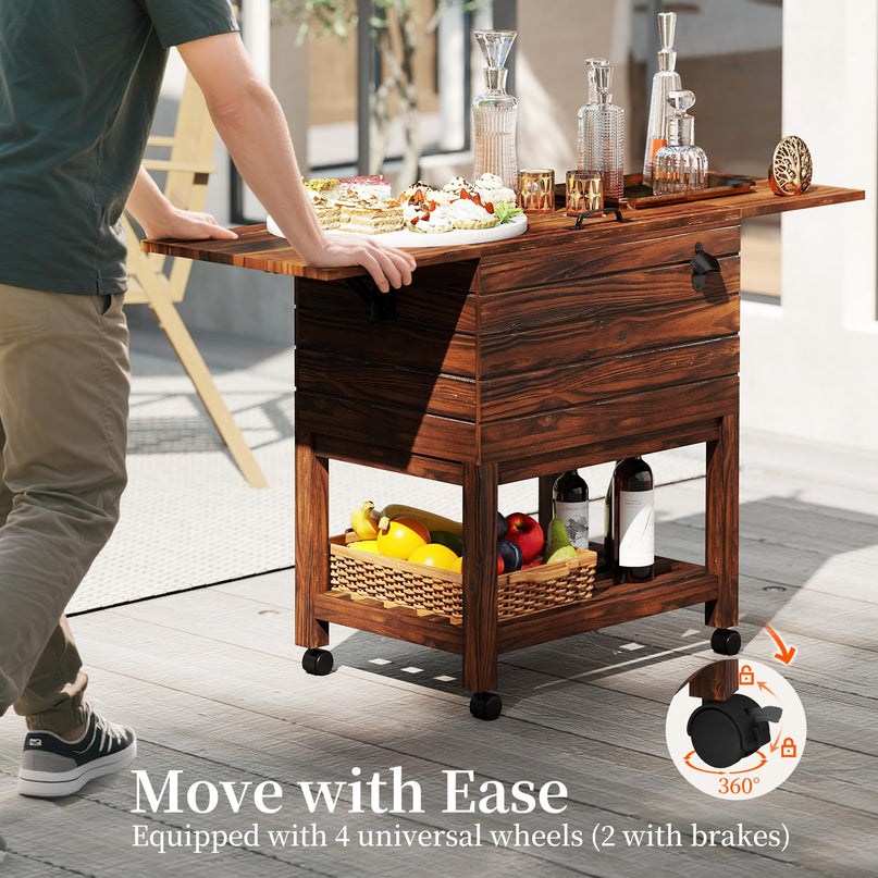 Giantex 54QT Wooden Patio Cooler Cart with Wheels Insulated Rolling Ice Chest with Drain