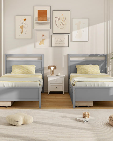 Giantex Wood Twin Bed with 2 Storage Drawers, Solid Wood Platform Bed with Headboard