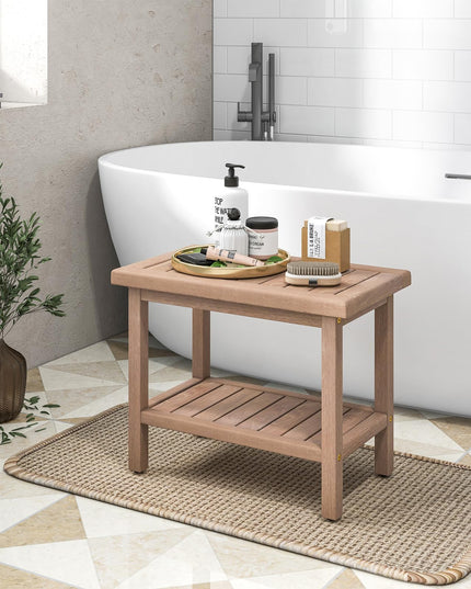 Giantex Teak Shower Bench, 21" Waterproof Spa Bath Seat with Storage Shelf and Non-Slip Foot Pads