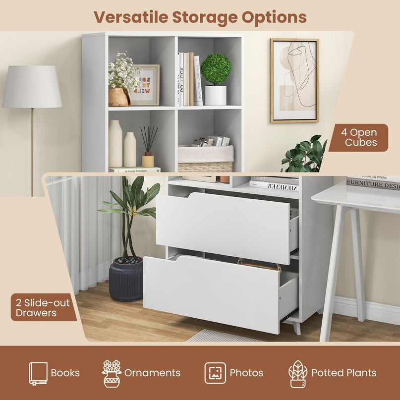 Giantex 51" Tall Bookcase with 2 Drawers, 4-Tier Open Bookshelf with 4 Storage Cubes, White