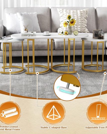 Lot de 3 tables basses gigognes Giantex, tables d'appoint empilables avec plateau en faux marbre et cadre en métal doré
