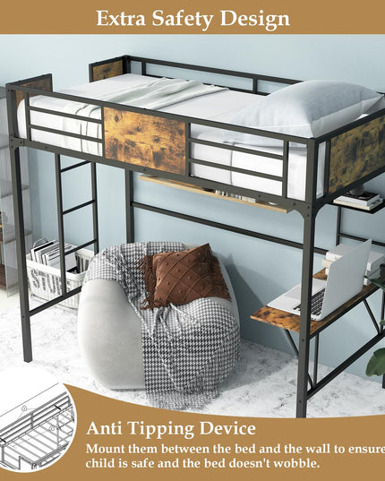 Metal Twin Loft Bed with Desk and Storage Shelf - Giantex