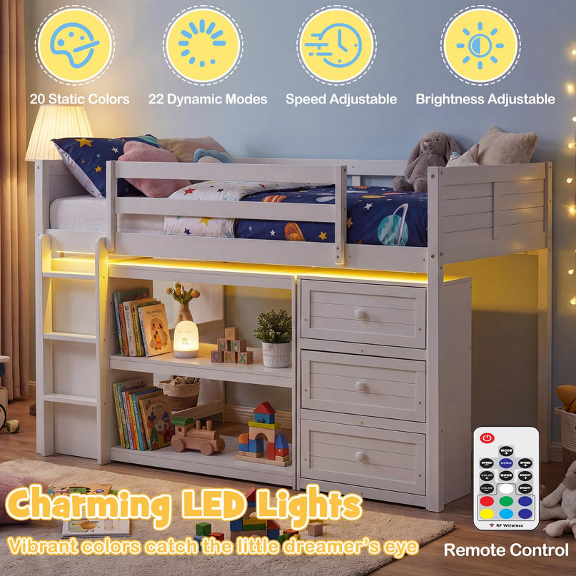 Giantex Loft Bed Twin Size with LED Lights for Boys Girls