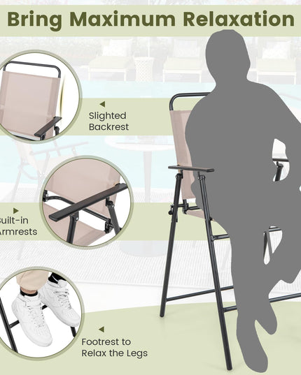 Giantex Outdoor Folding Bar Chair Set of 2, Bar-Height Patio Chairs with Backrest, Armrests, Footrest