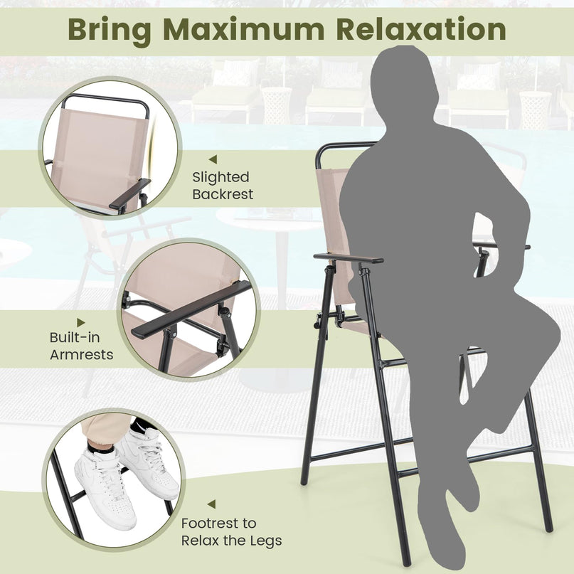 Giantex Outdoor Folding Bar Chair Set of 2, Bar-Height Patio Chairs with Backrest, Armrests, Footrest
