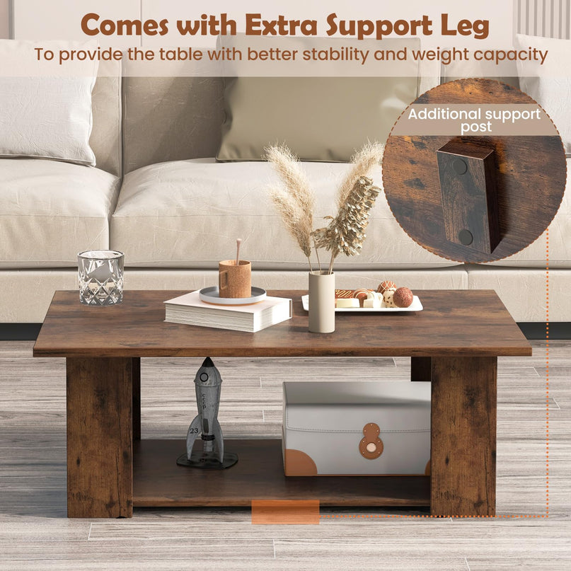 Giantex Rectangle Wood Center Table, 41" L 2-Tier Large Modern Tea Table w/Open Compartment