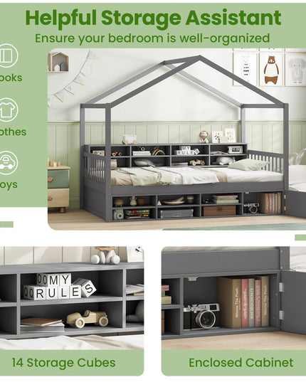 Giantex Twin Size House Bed with Storage, Wooden Montessori House Bed with 14 Storage Cubes